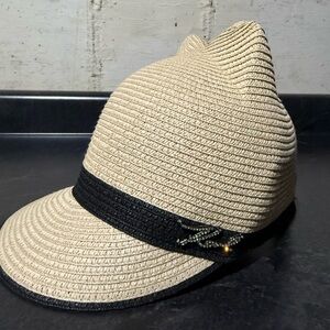 Karl Lagerfeld Paris NWT Cat Ears Woven Straw  Hat W/Crystal Pin UPF40 Choupette